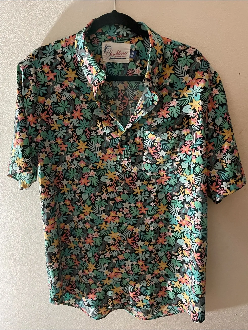 chubbies Black Floral Button-Down Shirt with Green, Pink, Yellow Accents